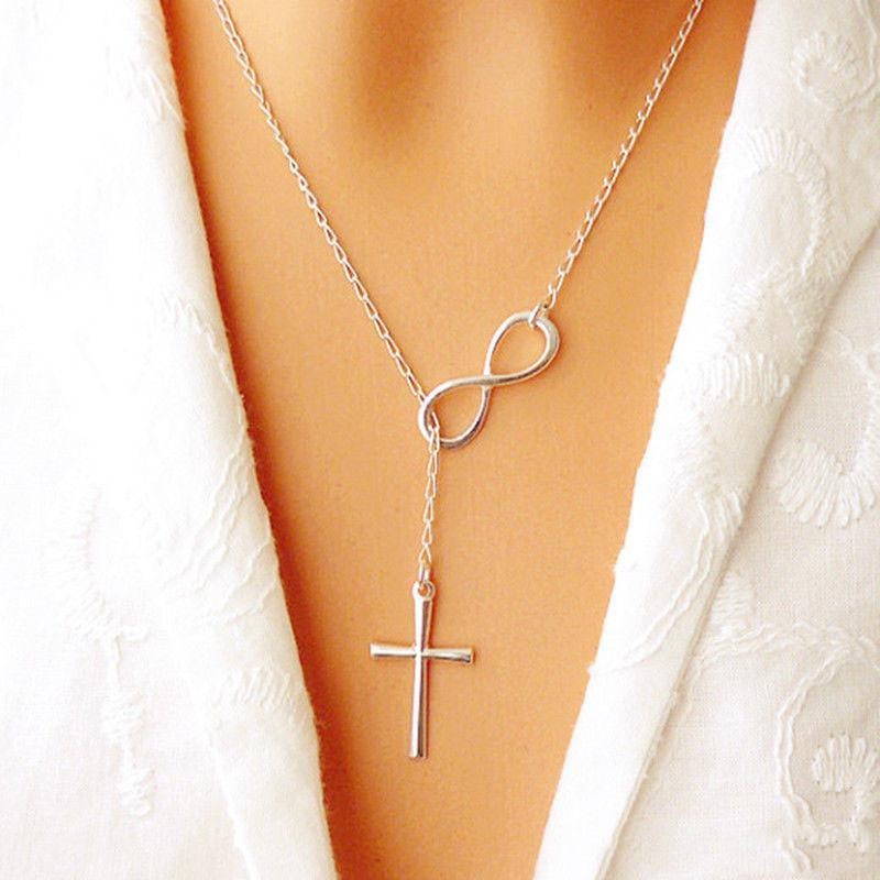 collier Mode Infinity + Croix Pendentif Argent Plaqué Pour Femmes