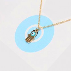 Collier plaqué or et argent 18k chaîne classique mauvais oeil Hamsa main de dieu bleu turquoise